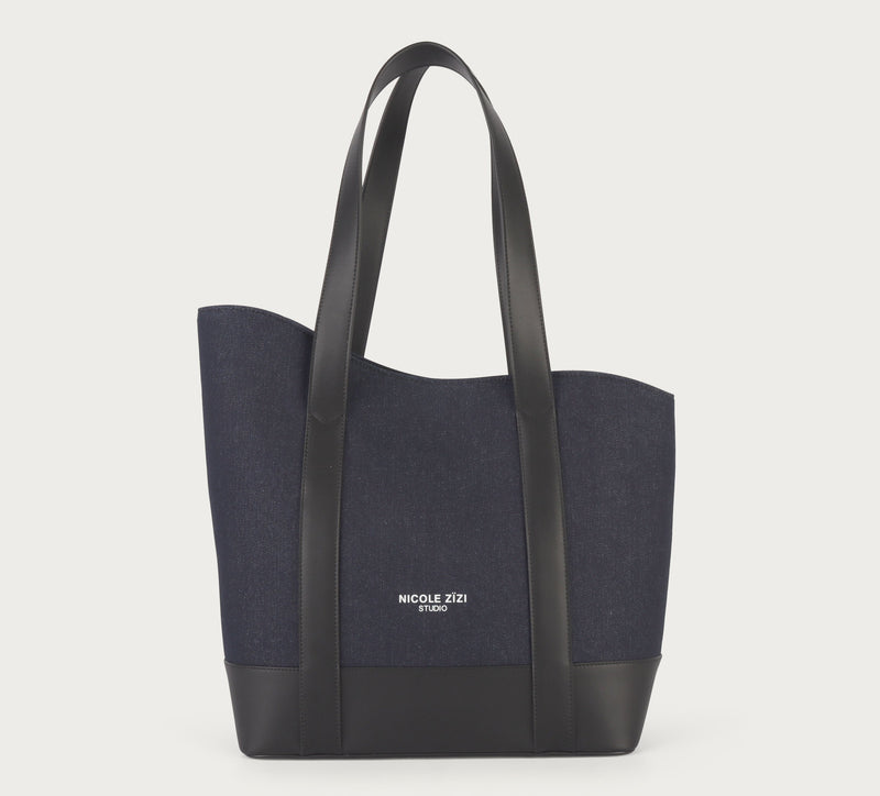 Asymmetrical Apple Peel Leather and Denim Tote Bag