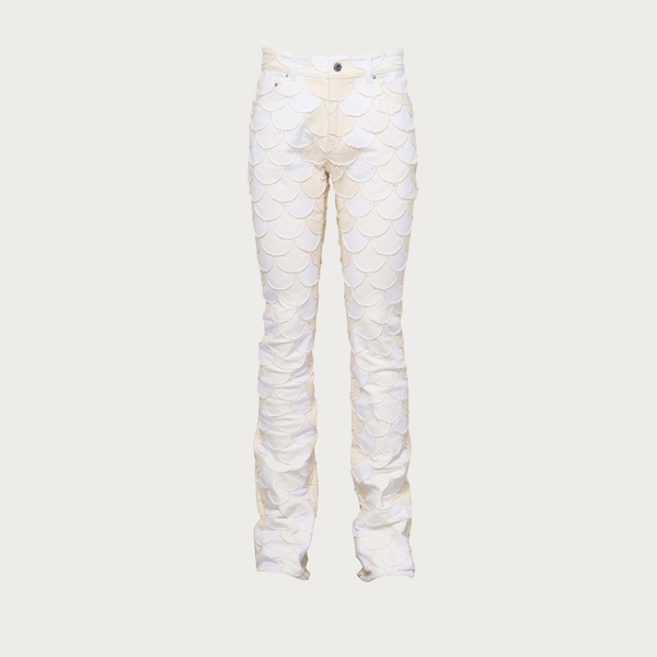 Scaled White Patchwork Denim Flare Pants