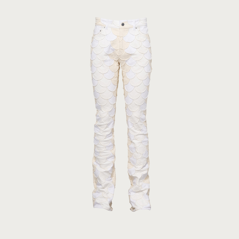 Scaled White Patchwork Denim Flare Pants