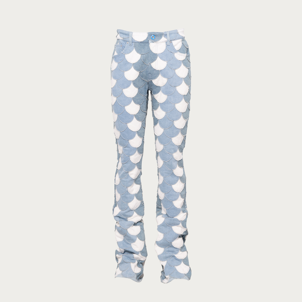 Scaled Blue Patchwork Denim Flare Pants