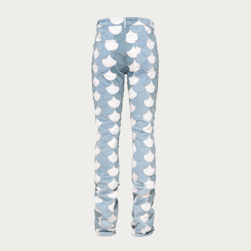 Scaled Blue Patchwork Denim Flare Pants