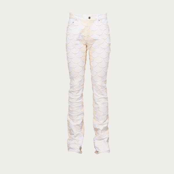 Scaled White Patchwork Denim Flare Pants