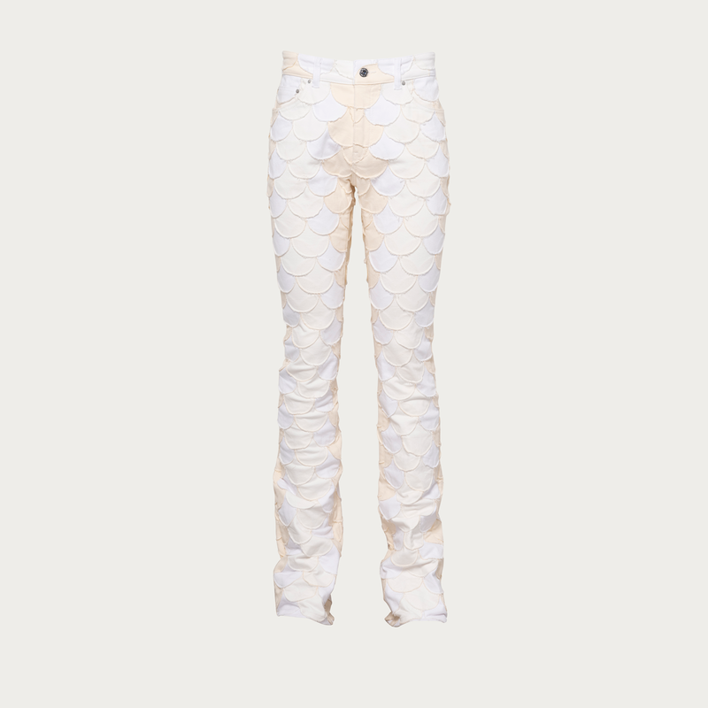 Scaled White Patchwork Denim Flare Pants