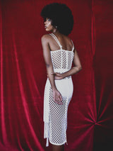 Akuah fringe detail stretch cotton lace grid dress