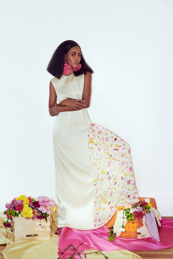 Printed Silk Sheer Panel Gown