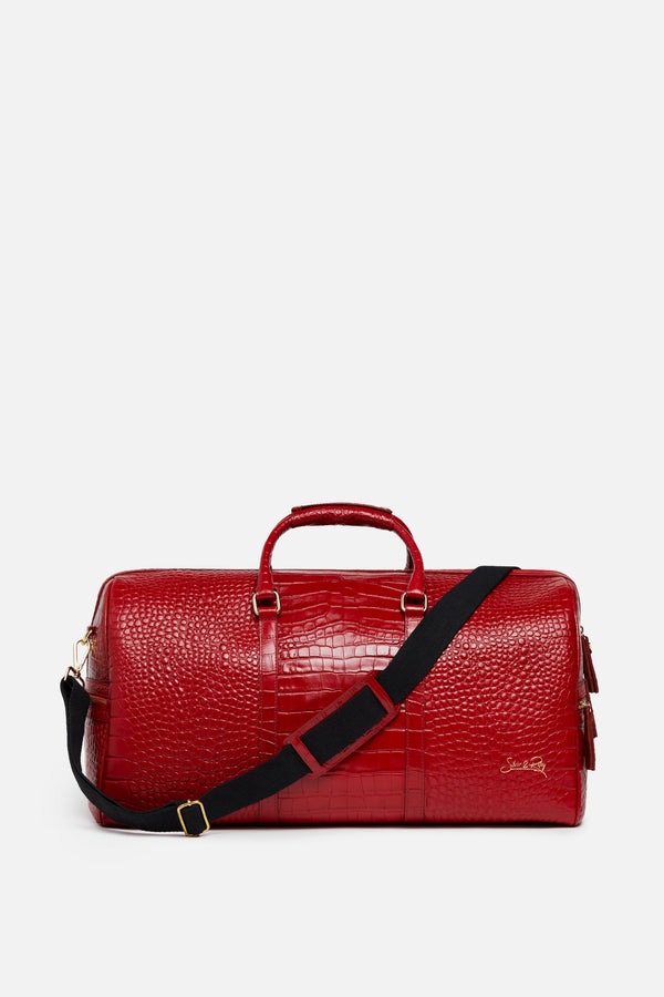 Carryall Duffle Leather Bag in Crocodile Print Fiery Red