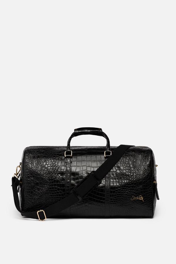 Carryall Duffle Leather Bag in Crocodile Print Black Noir