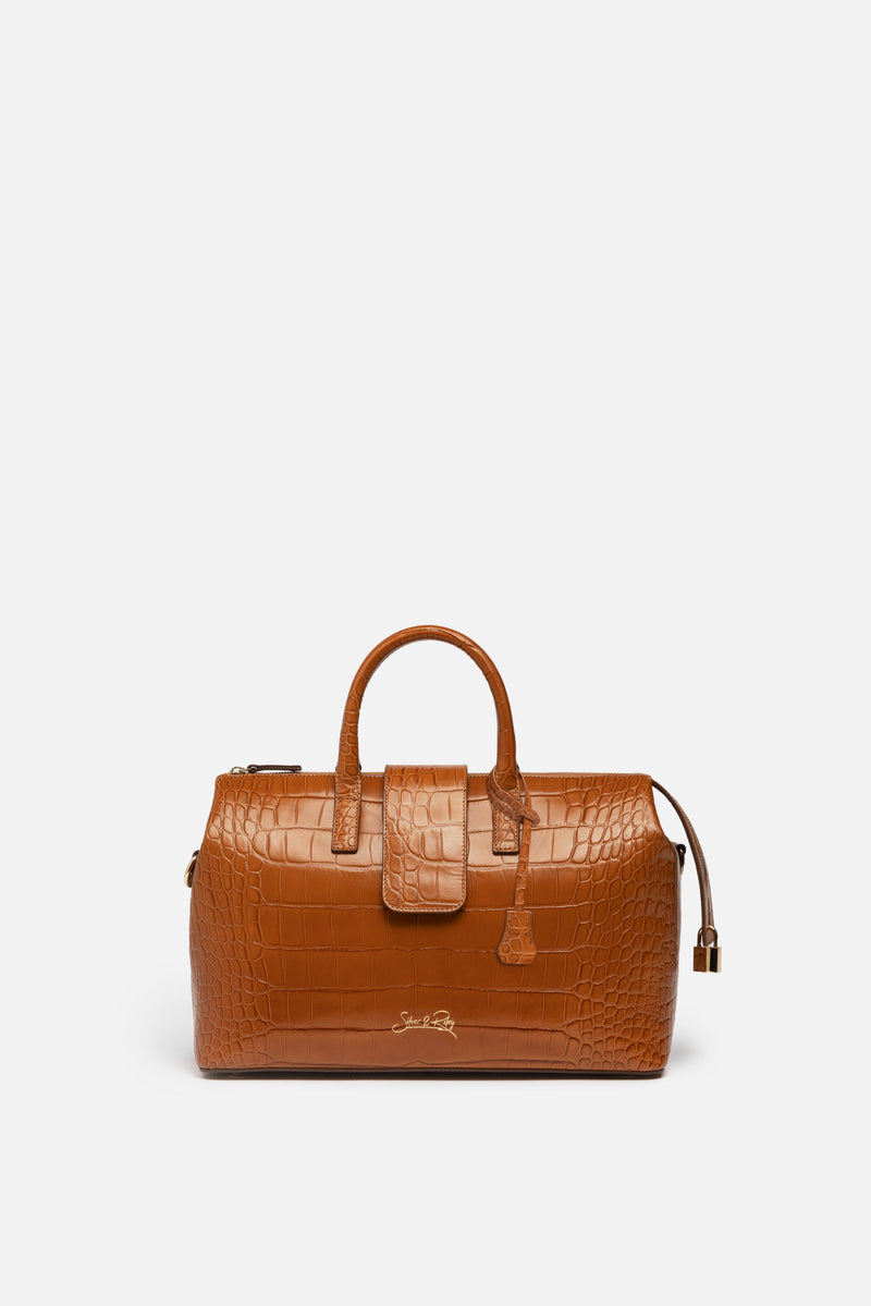 Convertible Executive Leather Bag in Crocodile Print Camel